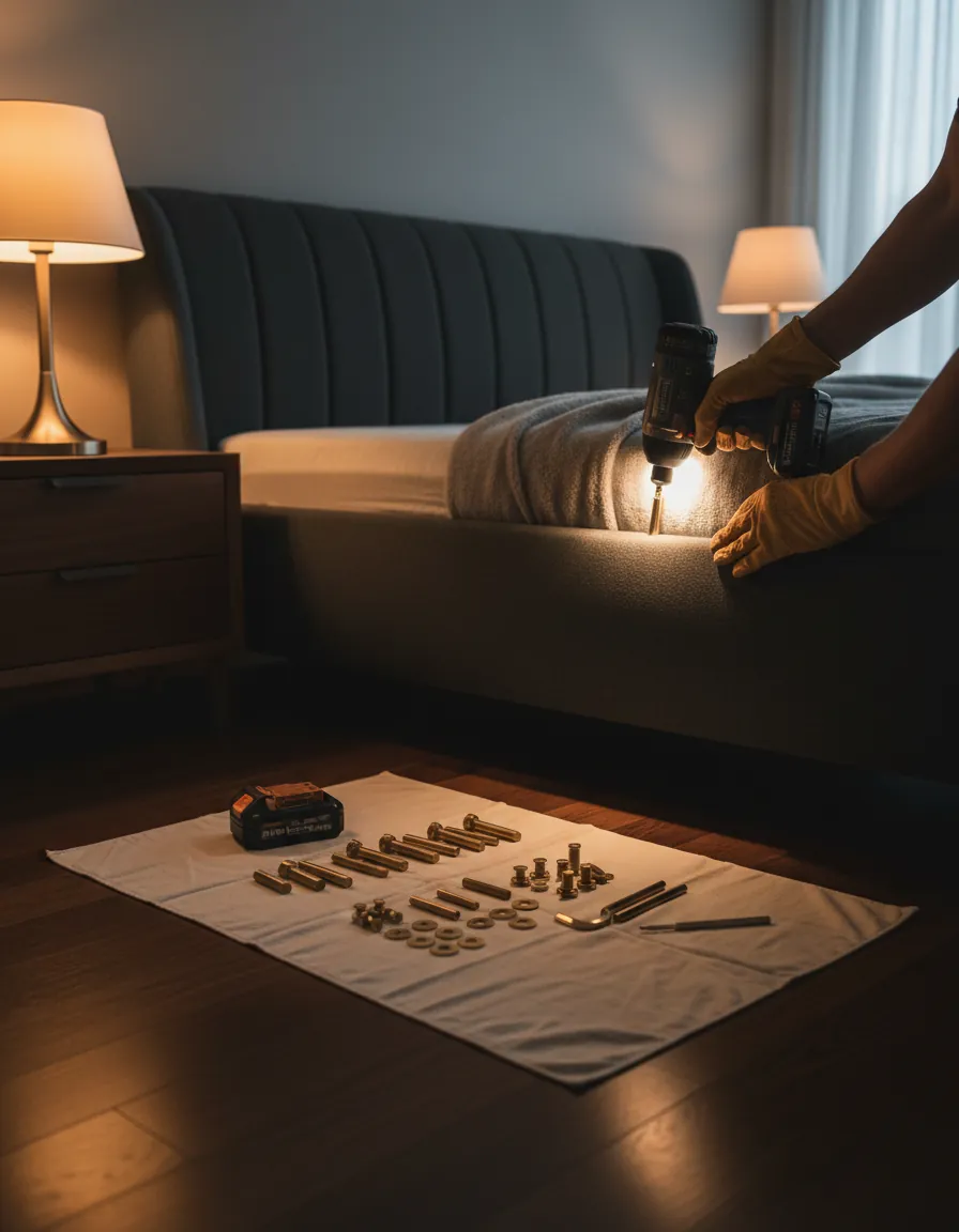 Gloved hands assembling an upholstered bed frame, hardware laid out on a cloth