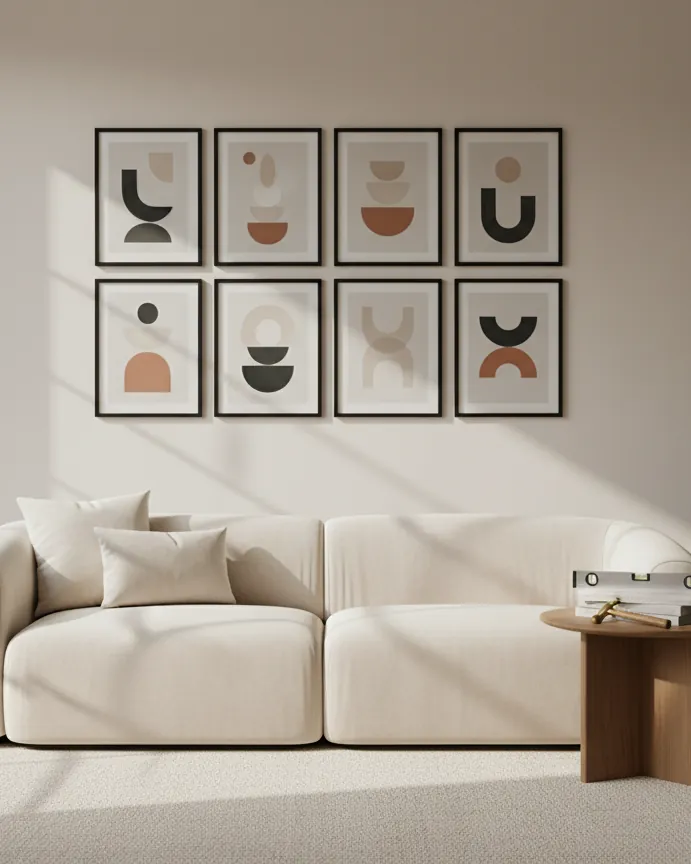 A neat gallery wall of framed prints above a sofa, with a level on the side table