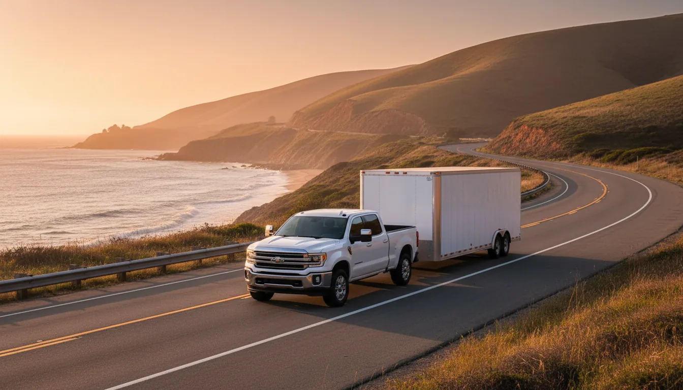A white pickup towing an enclosed trailer along the California coast at sunset