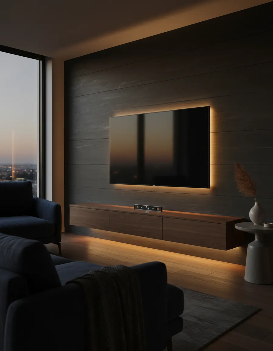 A large TV mounted level above a walnut media console, cables hidden